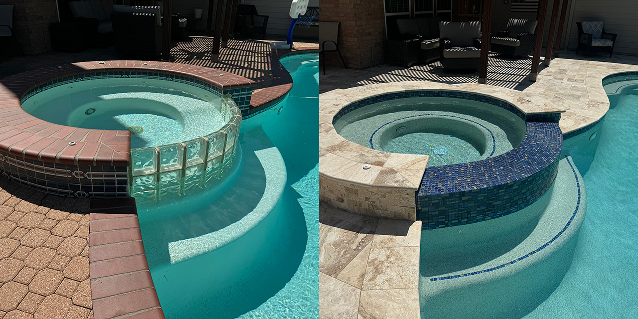 Before and after image of a swimming pool remodel with new plaster, decking, tile and coping