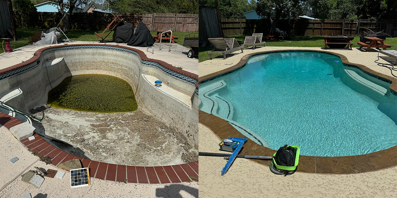 Before and After image of a swimming pool renovation including new coping and tile