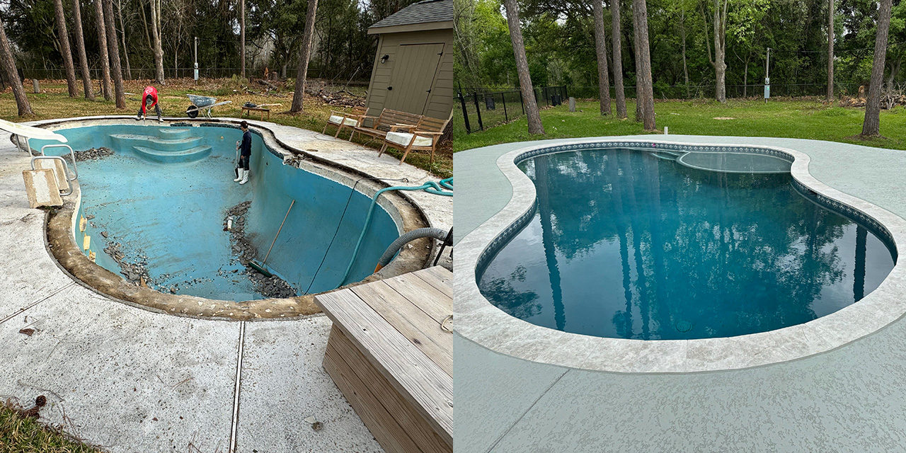 Before and after image of a pool remodel with new plaster, coping and tile